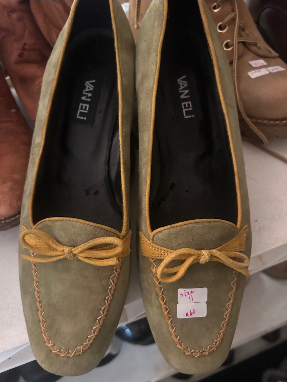 Vaneli Olive Suede Bow Trim Loafers